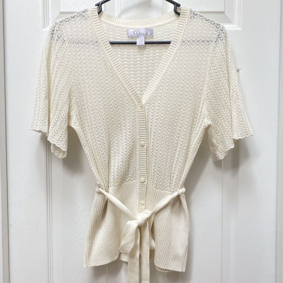 Nine & Co By Nine West V-neck Open Knit Button Front Short Sleeve Ivory Top - Picture 1 of 3
